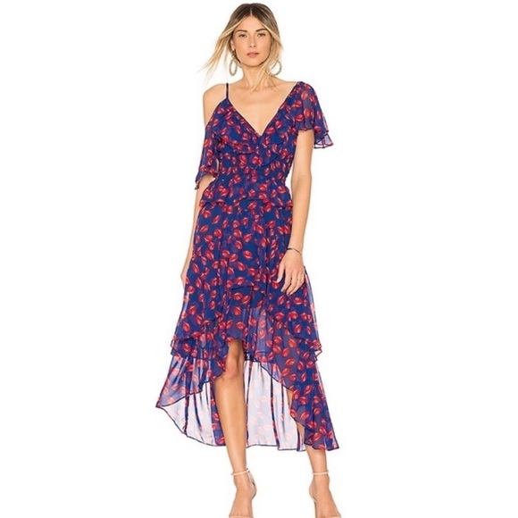 Misa Los Angeles Dresses & Skirts - NWT MISA LOS ANGELES Blue Leaf Print Layered Tiered Ruffle Asymmetrical Dress